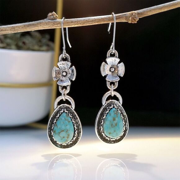 Boho Faux Turquoise Teardrop Long Dangle Earrings Floral Silver Tone Pierced - Picture 1 of 10